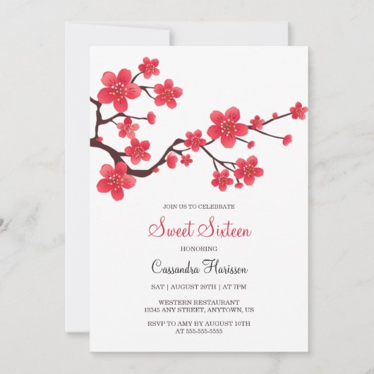 レッドエレガントさくらんぼブロッサム桜フローラ誕生日 招待状 (正面)