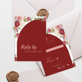 レッドエレガントアーチ赤面ピーチ花模様ズ結婚 出欠カード