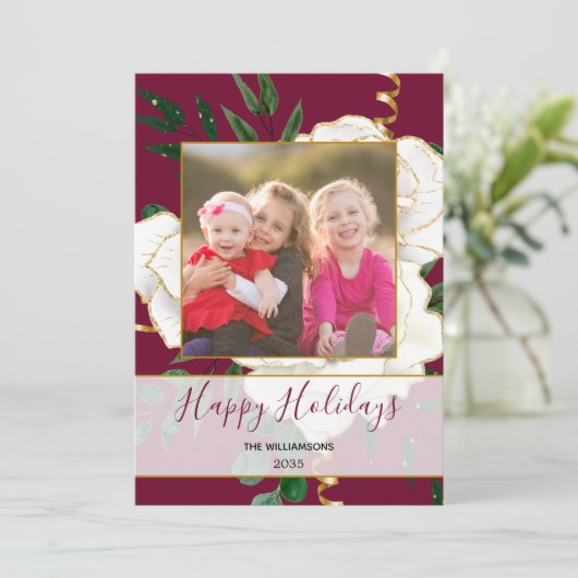 レッドエレガントグラムヴィンテージホワイトローズグリッター写真 シーズンカード (スタンド正面)