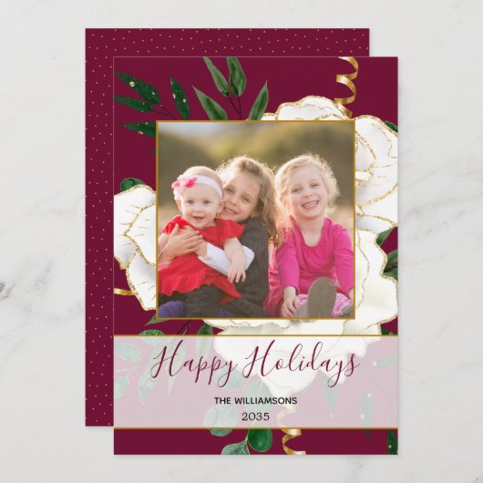 レッドエレガントグラムヴィンテージホワイトローズグリッター写真 シーズンカード (正面/裏面)