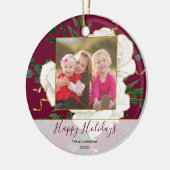 レッドエレガントグラムヴィンテージホワイトローズホリデーフォト セラミックオーナメント (左)