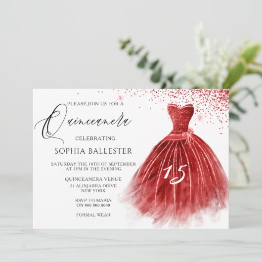 レッドエレガントグリッターガウンキンセアニェラパーティー 招待状 (スタンド正面)