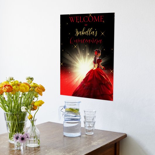 レッドエレガントグリッタークフェイクンセアニェラ |誕生日 箔ポスター (レイダウン (キッチン))