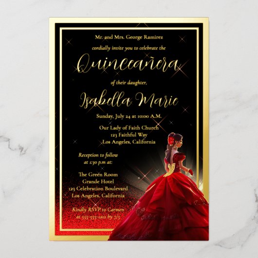 レッドエレガントグリッタークフェイクンセアニェラ |誕生日 箔招待状 (正面)