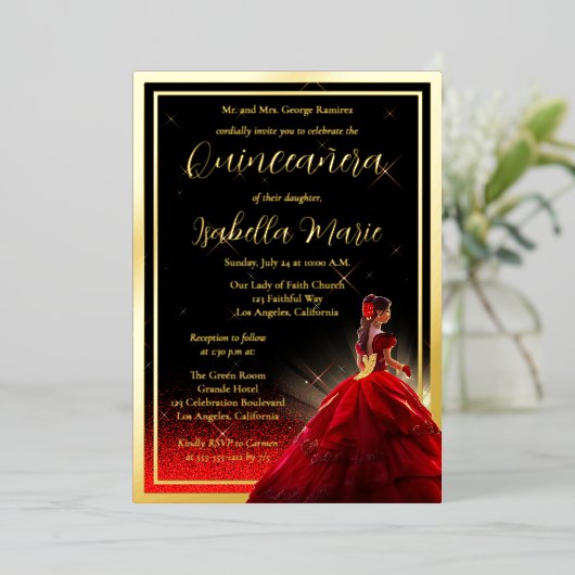 レッドエレガントグリッタークフェイクンセアニェラ |誕生日 箔招待状 (立ち正面)