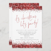 レッドエレガントグリッターズクリスマスプレゼントパーティー 招待状 (正面/裏面)