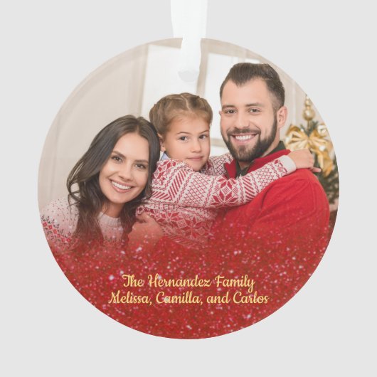 レッドエレガントグリッターファミリーが2人の写真クリスマス オーナメント (裏面)