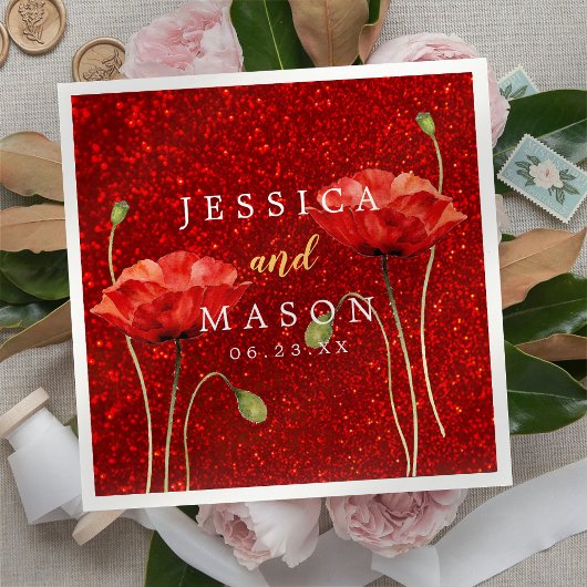 レッドエレガントグリッターフロワ結婚イズカクテル スタンダードカクテルナプキン