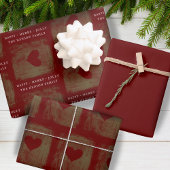 レッドエレガントゴールデンハートスケッチファミリークリスマス ラッピングペーパーシート