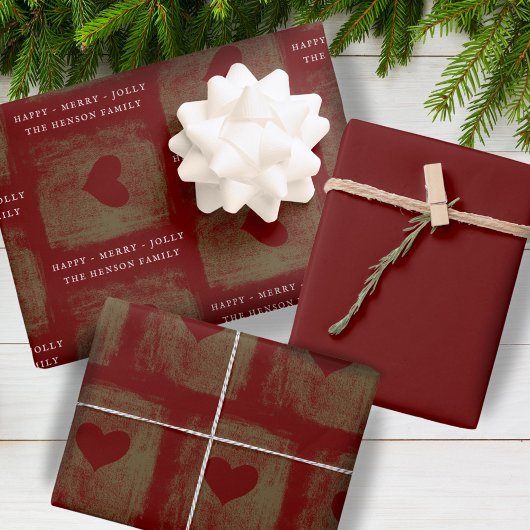 レッドエレガントゴールデンハートスケッチファミリークリスマス ラッピングペーパーシート