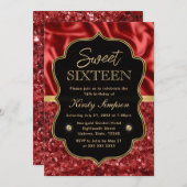 レッドエレガントサテン&グリッター金ゴールドフレームスウィート16 招待状 (正面/裏面)