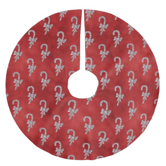 レッドエレガントシルバーグリッターキャンディーキャンセスクリスマス ブラッシュドポリエステルツリースカート (正面)