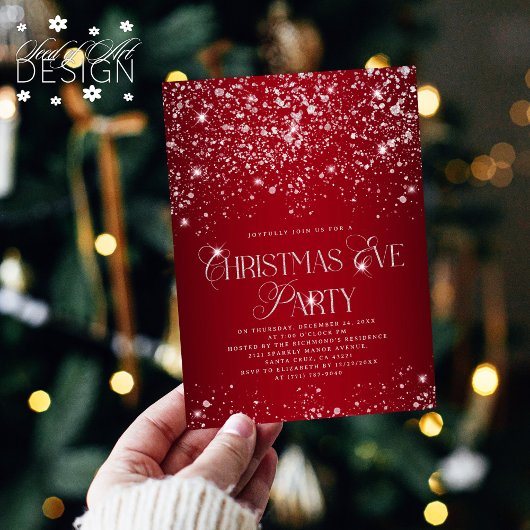 レッドエレガントシルバーグリッタークリスマスイブパーティー 招待状