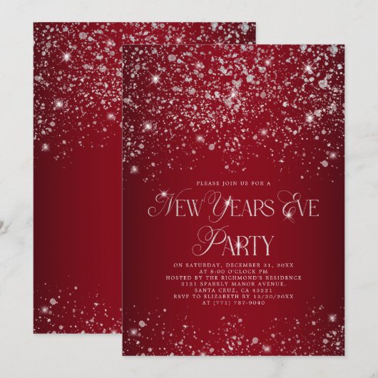 レッドエレガントシルバーグリッターニューイヤーイブパーティー 招待状 (正面/裏面)