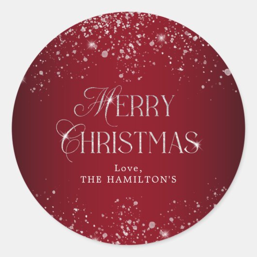 レッドエレガントシルバーグリッターメリークリスマス ラウンドシール (正面)