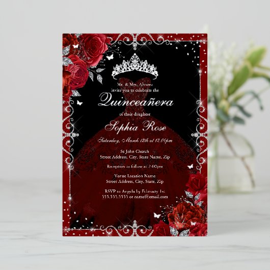 レッドエレガントシルバーバラドレスキンセアニェラ 箔招待状 (立ち正面)