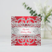 レッドエレガントダイアモンズシルバーフローラ誕生日パーティー 招待状 (スタンド正面)