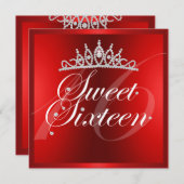 レッドエレガントダイアモンドティアラ誕生日招待状 招待状 (正面/裏面)