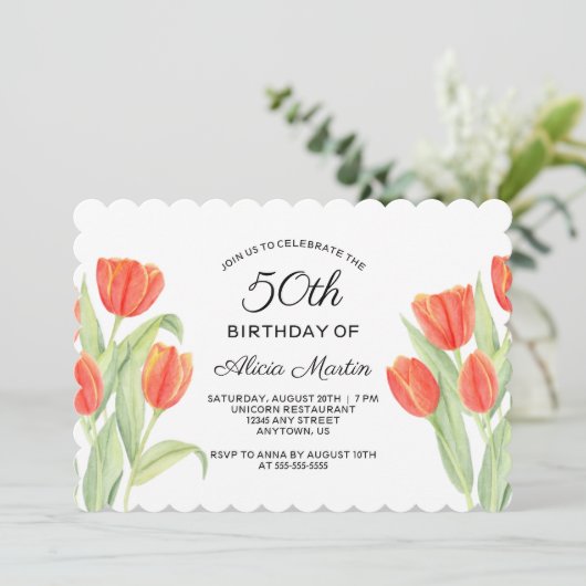 レッドエレガントチューリップフローラ50th誕生日 招待状 (スタンド正面)