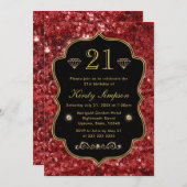 レッドエレガントフェイクグリッター&金ゴールドウィンター誕生日 招待状 (正面/裏面)