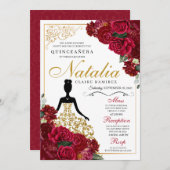 レッドエレガントフローラキンセアニェラ誕生日 招待状 (正面/裏面)