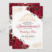 レッドエレガントフローラキンセアニェラ誕生日 招待状 (正面/裏面)