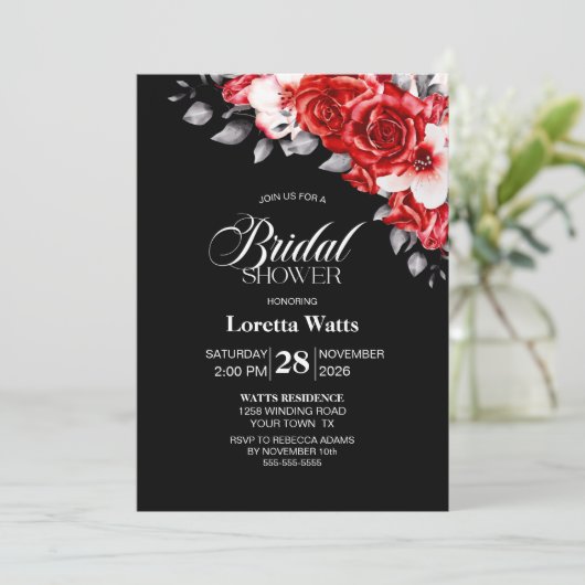 レッドエレガントフローラブラックブライダルシャワー 招待状 (スタンド正面)