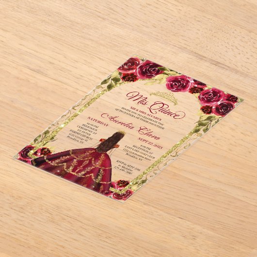 レッドエレガントフローラプリンセス金ゴールドアーチキンセアニェラ アクリル招待状 (レイダウン)