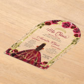 レッドエレガントフローラプリンセス金ゴールドアーチキンセアニェラ アクリル招待状 (レイダウン)