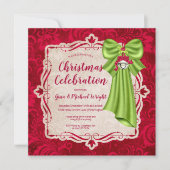 レッドエレガントフローラ&グリーンボウクリスマスパーティー 招待状 (正面)