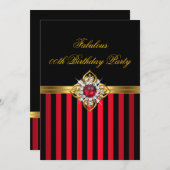 レッドエレガントブラックストライプ金ゴールドレッドパール誕生日 招待状 (正面/裏面)