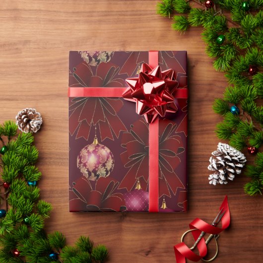 レッドエレガントブルガンディボウズオーナメントホリデイ ラッピングペーパー (クリスマスギフト)