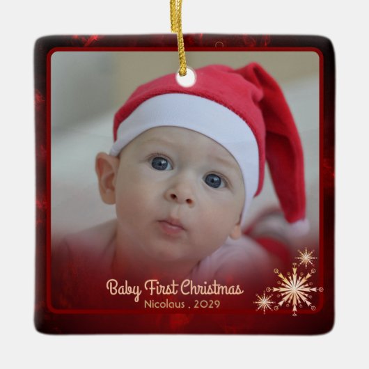 レッドエレガントベビーファーストフォトクリスマス セラミックオーナメント (正面)