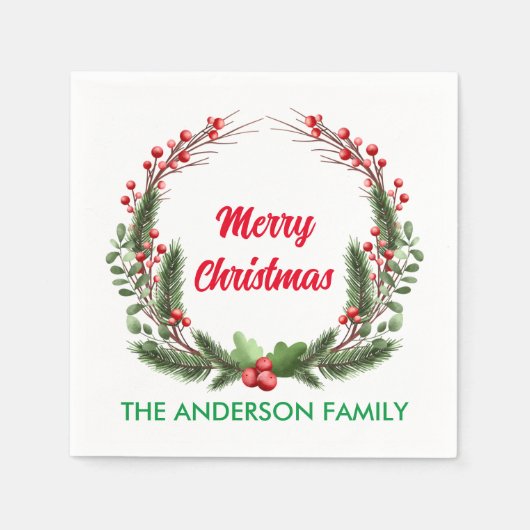 レッドエレガントホリーベリーファミリークリスマス スタンダードカクテルナプキン (正面)