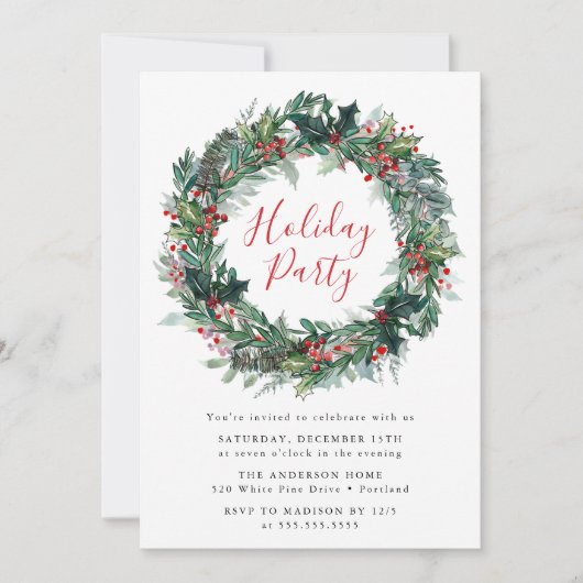 レッドエレガントホリーベリーリースホリデーパーティー 招待状 (正面)