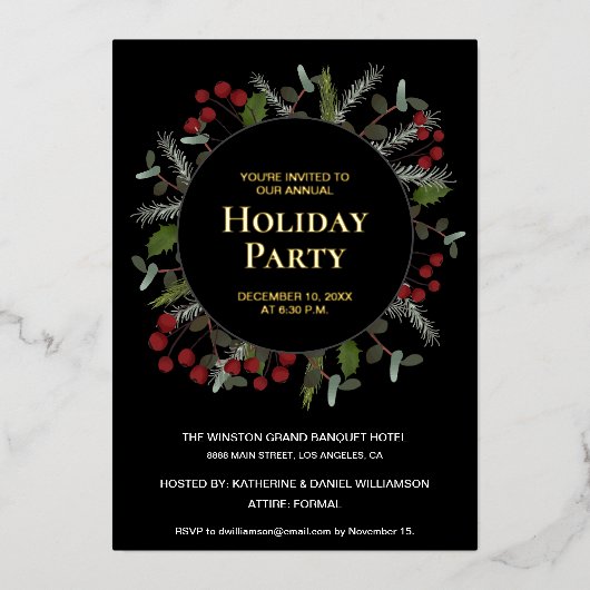 レッドエレガントホリーリース企業のホリデーパーティー 箔シーズンカード (正面)
