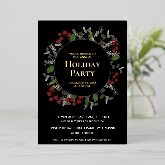 レッドエレガントホリーリース企業のホリデーパーティー 箔シーズンカード (立ち正面)