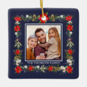 レッドエレガントホワイトフローラホリデーリース写真 セラミックオーナメント (正面)