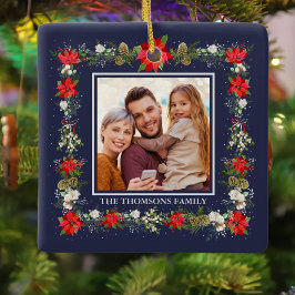 レッドエレガントホワイトフローラホリデーリース写真 セラミックオーナメント