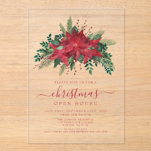 レッドエレガントポインセチアフローラクリスマスオープンハウス アクリル招待状 (正面)
