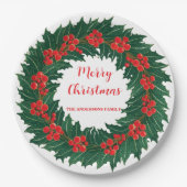 レッドエレガントリースホリーベリークリスマスグリーン ペーパープレート (正面)