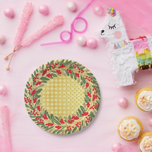 レッドエレガントリースホリーベリークリスマス金ゴールド ペーパープレート (パーティー)