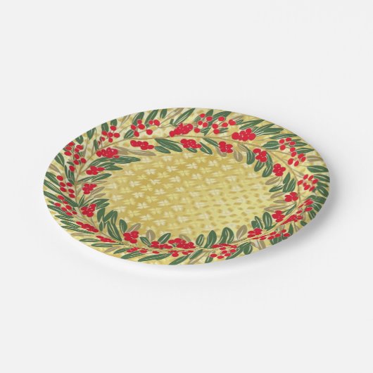 レッドエレガントリースホリーベリークリスマス金ゴールド ペーパープレート (アングル)