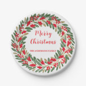 レッドエレガントリースホリーベリークリスマス金ゴールド ペーパープレート (正面)