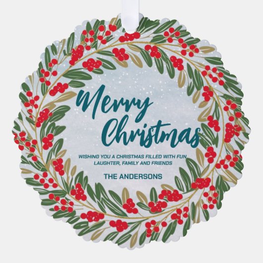 レッドエレガントリースホリーベリー金ゴールドメリークリスマス オーナメントカード (正面)