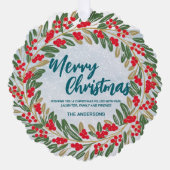レッドエレガントリースホリーベリー金ゴールドメリークリスマス オーナメントカード (正面)