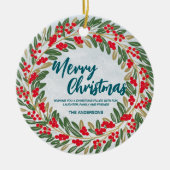 レッドエレガントリースホリーベリー金ゴールドメリークリスマス セラミックオーナメント (正面)