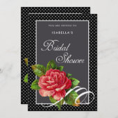 レッドエレガントローズブラック水玉模様ブライダルシャワー 招待状 (正面/裏面)