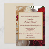 レッドエレガントローズ&クリーム牡丹ブライダルシャワー 招待状 (正面/裏面)