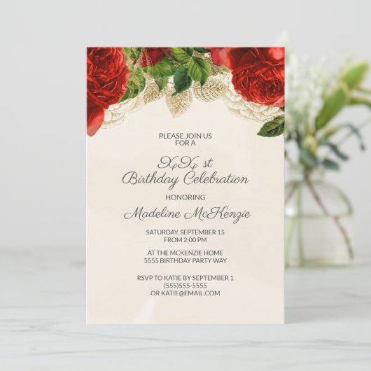 レッドエレガントローゼシャンパーニュ誕生日招待状 招待状 (スタンド正面)